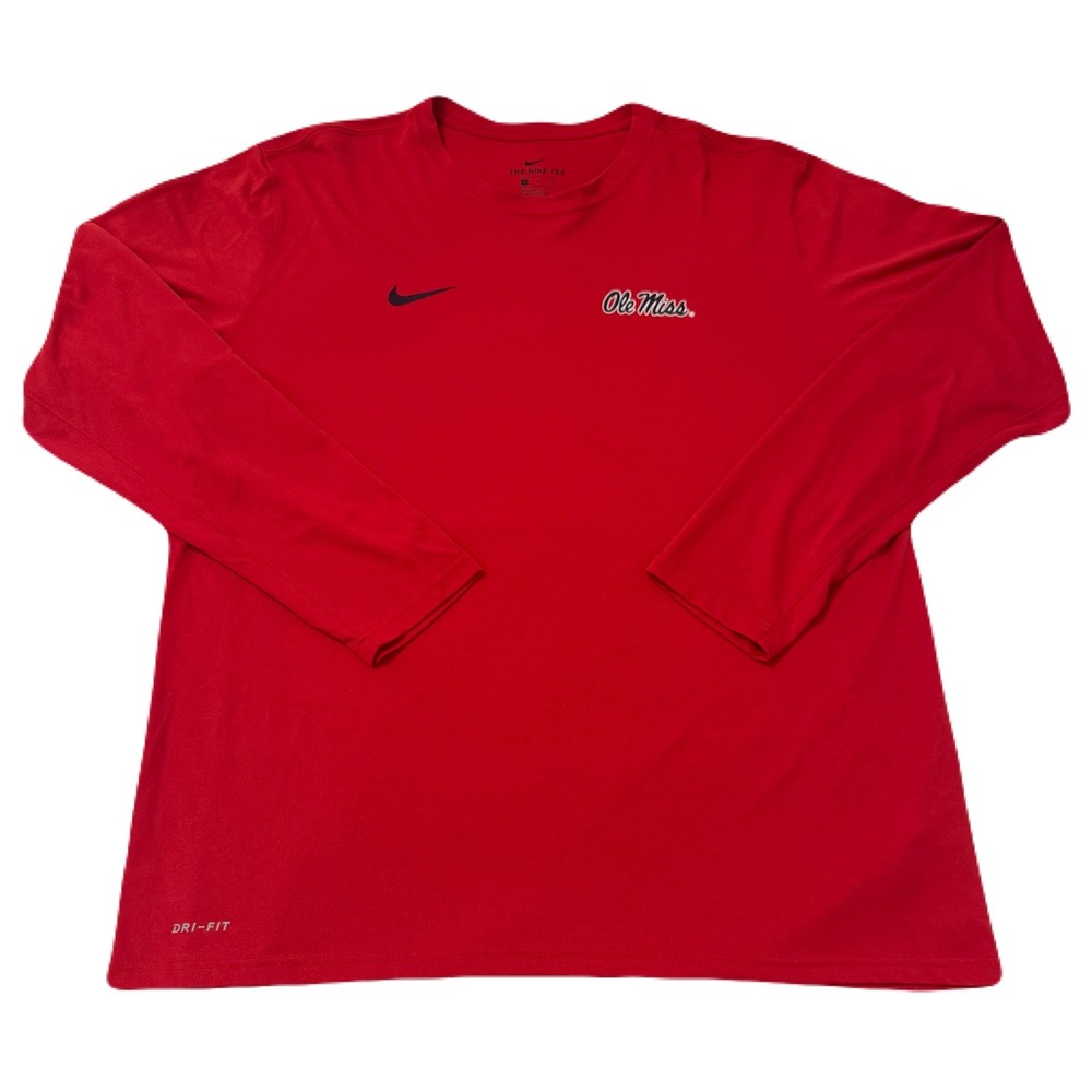 Nike Ole Miss Rebels Dri-FIT Long Sleeve Shirt Mens XL Red Athletic Cut Tee